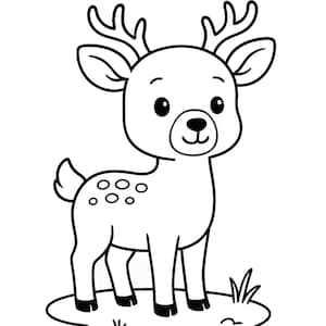 May include: A black and white cartoon illustration of a deer with antlers, spots, and large eyes. The word "DEER" is written at the bottom. The deer is standing on a patch of grass. A simple line drawing.