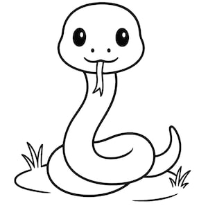 Könnte beinhalten: Schwarz-weiße Cartoon-Illustration einer Schlange. Die Schlange hat große, runde Augen, eine gespaltene Zunge und ist mit Gras auf dem Boden zusammengerollt. Das Wort "SNAKE" ist darunter gedruckt.