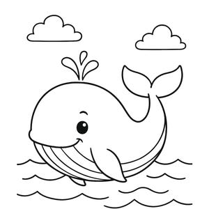May include: A black and white illustration of a cartoon whale with a water spout and two clouds. The whale is smiling and swimming in wavy water. The word "WHALE" is printed at the bottom.