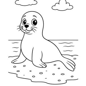 May include: A black and white illustration of a seal on a beach, with two clouds above. The word "SEAL" is written in block letters at the bottom of the image.