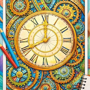 Op de afbeelding: Een gedetailleerde kleurplaat met een klokontwerp, tandwielen en Romeinse cijfers. De afbeelding bevat de tekst "Little Da Vinci Lab: Creative Fun for Kids & Adults!" en twee kleurpotloden.