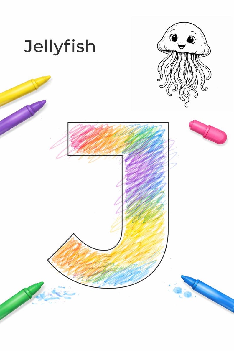 Letter J Coloring Page – Jellyfish | the Little Da Vinci Alphabet - Etsy
