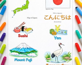 Página para colorear de Japón para niños, ficha educativa sobre países, material imprimible para aprender geografía y cultura, recurso para el aula y la educación en casa.