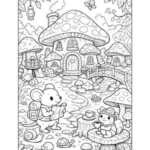 Puede incluir: Ilustración en blanco y negro de una escena de pueblo de hongos caprichosa. Un ratón con una mochila mira un mapa, mientras una ardilla bebe té. Una casa de hongos, un puente y otras estructuras de hongos están en el fondo. Una mariposa revolotea por encima.