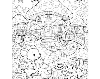Página para colorear de un bosque de setas: Escena de un acogedor pueblo en el bosque (PDF de 8,5 x 11 pulgadas)