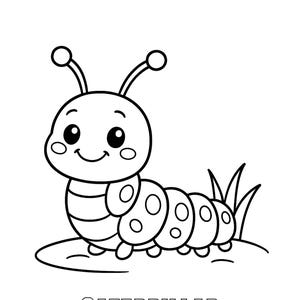 Op de afbeelding: Zwart-witte lijntekening van een lachende rups met grote ogen en antennes. Het woord "CATERPILLAR" staat in blokletters onder de rups.