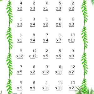 May include: A white multiplication worksheet with problems from 1 to 12. The worksheet has a decorative border with green vines and tropical flowers. The text "Multiplication 1-12" is at the top.