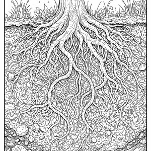 May include: Detailed black and white illustration of a tree with extensive root system. The roots spread out, intertwining and reaching deep into the earth, surrounded by rocks and soil. The tree trunk and branches are visible at the top.