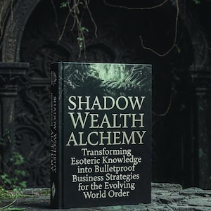 Könnte beinhalten: Ein schwarzes Hardcover-Buch mit dem Titel "SHADOW WEALTH ALCHEMY" steht auf einer Steinoberfläche. Der Titel ist in großen weißen Buchstaben geschrieben. Der Untertitel lautet: "Transforming Esoteric Knowledge into Bulletproof Business Strategies for the Evolving World Order."