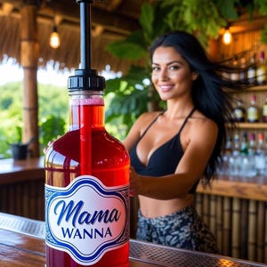 Puede incluir: Una botella de vidrio transparente llena de líquido rojo, con un dispensador de bomba negro. La botella tiene una etiqueta blanca con ribete azul y las palabras "Mama Wanna". El escenario es un bar con una mujer al fondo.