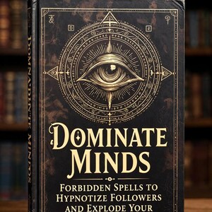 Puede incluir: Un libro de tapa dura negro con letras doradas y un símbolo de ojo. El título es "DOMINATE MINDS" con el subtítulo "FORBIDDEN SPELLS TO HYPNOTIZE FOLLOWERS AND EXPLODE YOUR EMPIRE'S WEALTH".