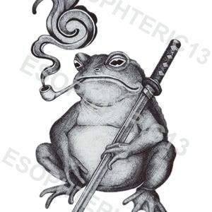 May include: A detailed black and white illustration of a frog smoking a pipe and holding a katana. The frog is depicted with a serious expression, and smoke curls above its head. The image has a detailed, hand-drawn style.