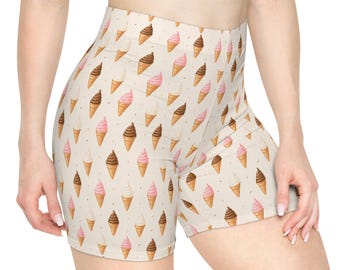 Triple Ice Cream Cone Pattern Biker Shorts | Pastel Strawberry Chocolate All-Over Print