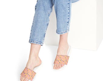 Sandalias con estampado de limón / Sandalias tipo chancla negras con diseño cítrico