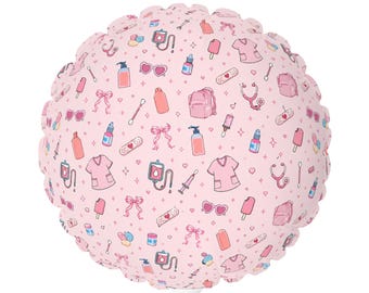 Globo redondo de aluminio con estampado médico femenino de 28 cm / Iconos médicos rosas