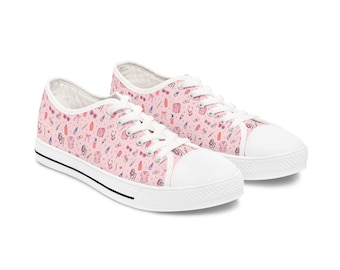 Zapatillas bajas rosas con estampado de maquillaje Kawaii para mujer / Zapatos con estampado de cosméticos adorables