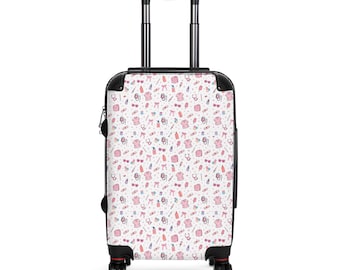 Maleta con estampado de iconos de viaje / Maleta rosa adorable, con estampado de pasaporte, cámara y avión