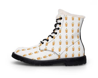 Bubble Tea Pattern Boots | Fur Lined Leather Boots