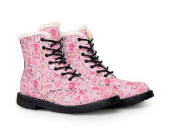 Medical Assistance | Asistencia Medica Pink Beauty Tools Pattern Boots | Fur Lined Leather Boots