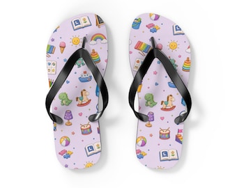 Development Therapy pattern Flip Flops | unicorn, rainbow, dinos, books, ice cream