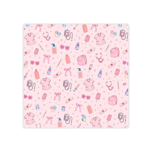 May include: A pink patterned design featuring medical-themed illustrations. The pattern includes pink scrubs, stethoscopes, backpacks, bows, sunglasses, bandages, and ice cream. The background is a soft pink color.