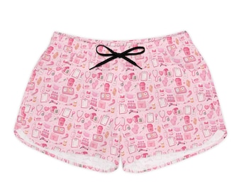 Asistencia Médica / Asistencia Médica Pantalones cortos con estampado de iconos médicos rosas / Estetoscopio de enfermera Pastillas Uniformes médicos estampados