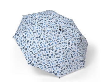 Paraplu met blauw kiezelpatroon voor patiëntentransporter | Opvouwbare semi-automatische regenparaplu