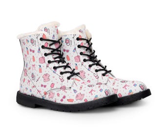 Botas rosas con estampado médico Kawaii / Botas de cuero forradas de piel