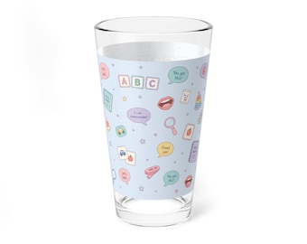Vaso mezclador de patrones para terapia del habla, 473 ml (16 oz), con iconos ilustrados.