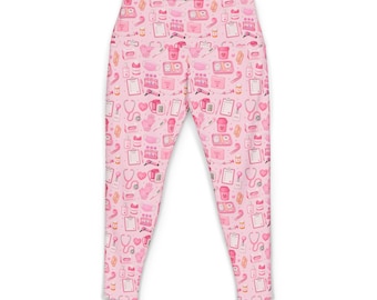 Medical Assistance | Asistencia Medica Pink Cute Cosmetics Pattern Yoga Pants | Makeup Toiletry Print Leggings