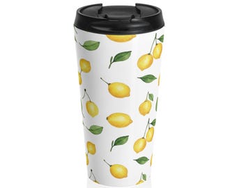 Taza de viaje de acero inoxidable con diseño de limones / Vaso con diseño de hojas de cítricos