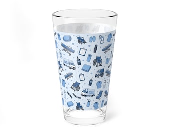 Vaso mezclador con iconos médicos azules para transporte de pacientes, 473 ml / Diseño de enfermería y atención médica