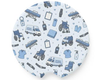 Porta-copos para carro com ícones médicos de transporte de pacientes | Suporte para bebidas em pedra-sabão, estampa de ambulância, cadeira de rodas e enfermeiro