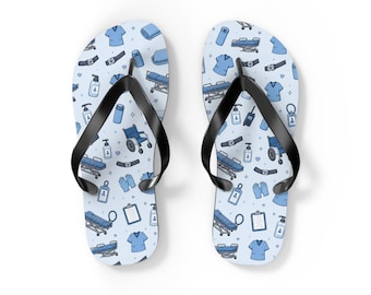 Patient Transporter Pattern Flip Flops | Blue Skateboard Graphic