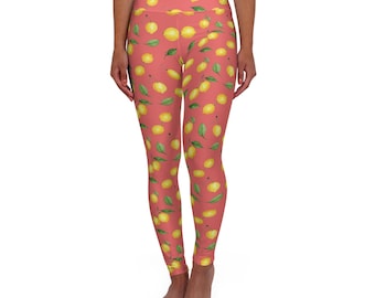Lemon Pattern High Waisted Leggings | Pink Citrus Floral Print