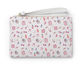 Kopertówka z wzorem pielęgniarki | Różowe ikony medyczne ze stetoskopem Scrubs