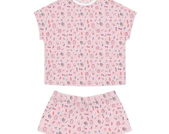 Kawaii Pink Doodle Pattern Pajama Set | Short Sleeve Top and Shorts