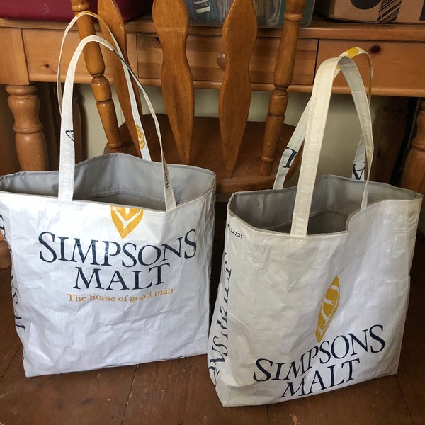 Up cycled repurposed Simpson  Malt  bags , lined market shopping bags
