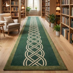 May include: A long, green rug with a cream Celtic knot design in a library setting. The rug is surrounded by wooden bookshelves filled with books, potted plants, and light wood flooring. An armchair and side table are also visible.