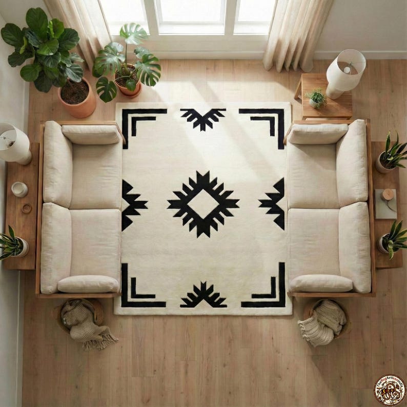 Handtuftad svart elfenbensmatta, geometrisk matta, sydvästlig matta, tribalmönstrad matta, handgjord modern ullmatta, minimalistisk matta bild 5
