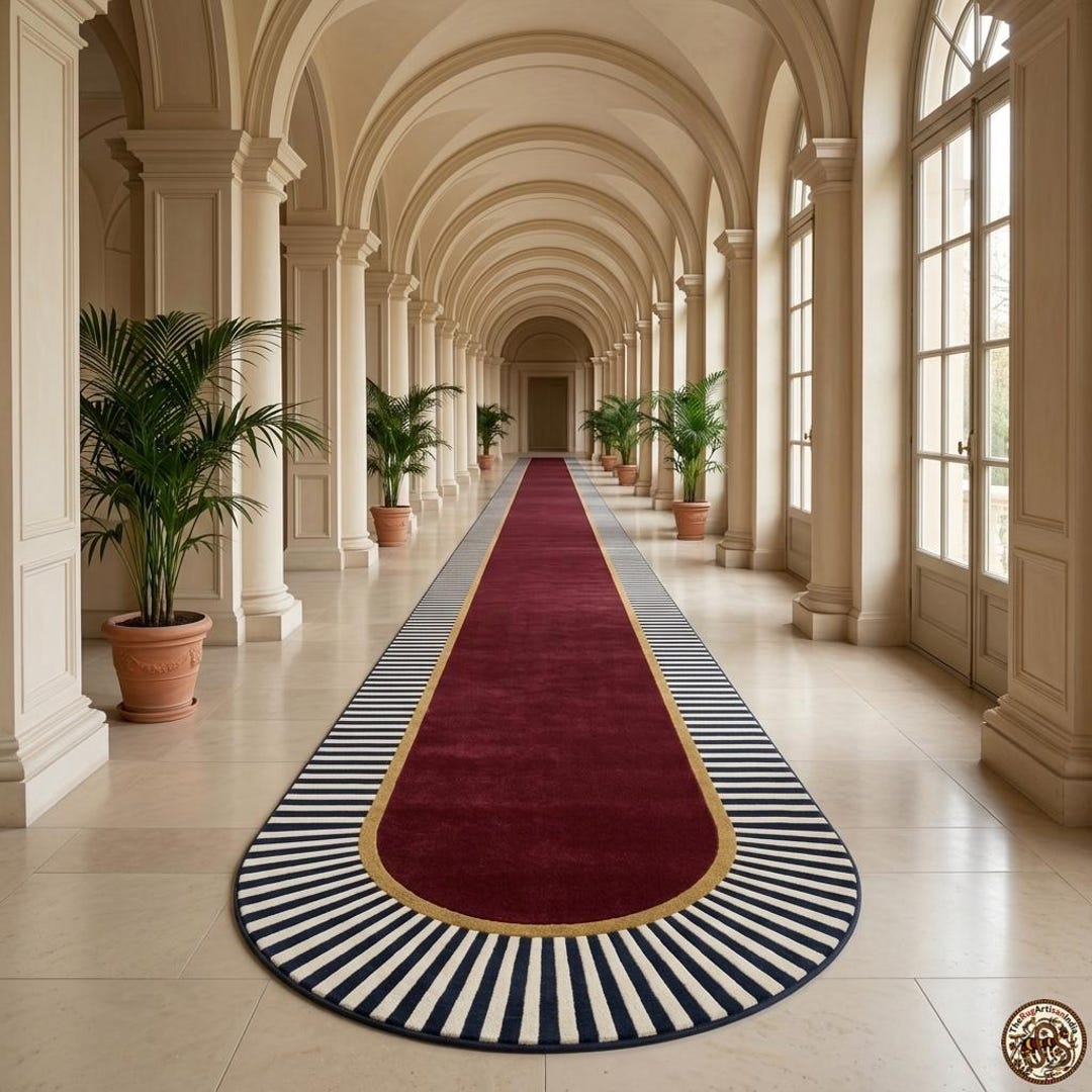 Centre Rug Designs Hand Tufted Oval Rug, Modern Red Center Rug With Navy Striped Border ...