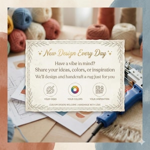 K&ouml;nnte beinhalten: Ein rechteckiges Schild mit dekorativem Rand und dem Text New Design Every Day, Have a vibe in mind? Share your ideas, colors, or inspiration. We'll design and handcraft a rug just for you, inklusive Symbolen f&uuml;r Ideen, Farben und Inspiration.