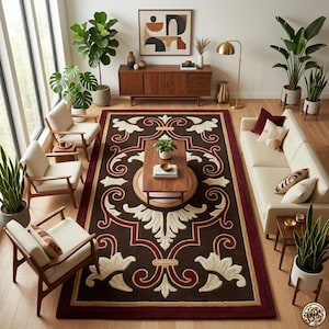 Handgetufteter floraler Teppich, traditioneller burgunderbrauner Teppich, Wollteppich im Vintage-Stil, Akzentteppich für Wohn- und Schlafzimmer, individueller Teppich Bild 8