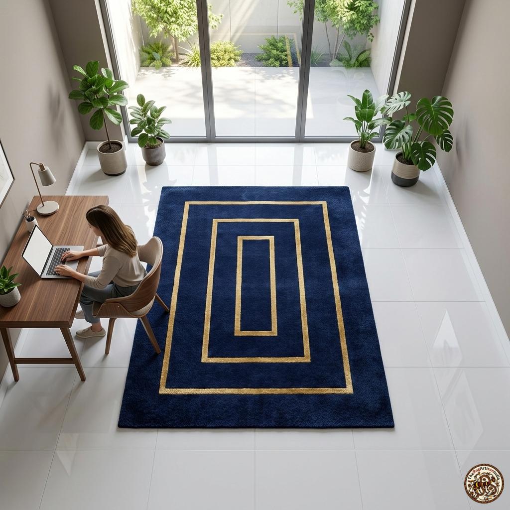 Navy Blue Gold Geometric Hand Tufted Wool Rug – Modern Rectangle Area ...