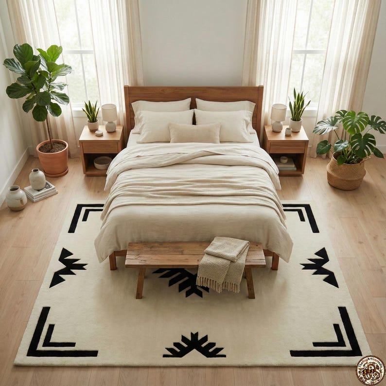 Handtuftad svart elfenbensmatta, geometrisk matta, sydvästlig matta, tribalmönstrad matta, handgjord modern ullmatta, minimalistisk matta bild 6