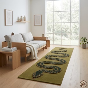 Hand Tufted Snake Runner Rug | Olive Green & Deep Teal Wool Rug | Modern Statement Hallway Runner | Handmade Contemporary Rug