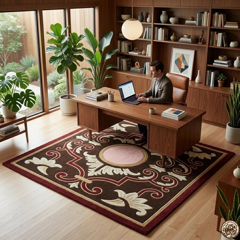 Handgetufteter floraler Teppich, traditioneller burgunderbrauner Teppich, Wollteppich im Vintage-Stil, Akzentteppich für Wohn- und Schlafzimmer, individueller Teppich Bild 5
