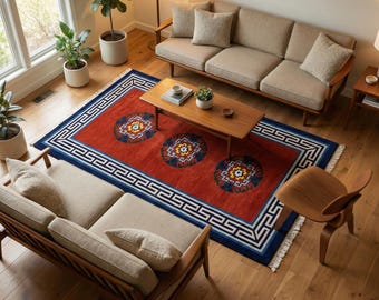 Handgjord tibetansk ullmatta | Röd & blå traditionell geometrisk matta | Vardagsrum, sovrum, hallmatta