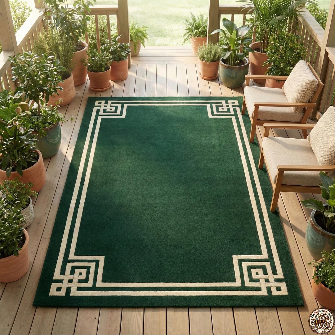 Hand-tufted Wool Rug | Dark Green With Ivory Greek Key Border - Etsy