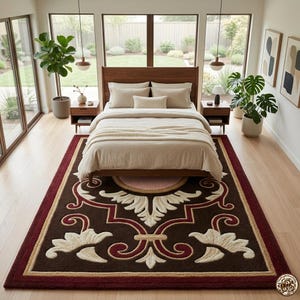 Handgetufteter floraler Teppich, traditioneller burgunderbrauner Teppich, Wollteppich im Vintage-Stil, Akzentteppich für Wohn- und Schlafzimmer, individueller Teppich Bild 6